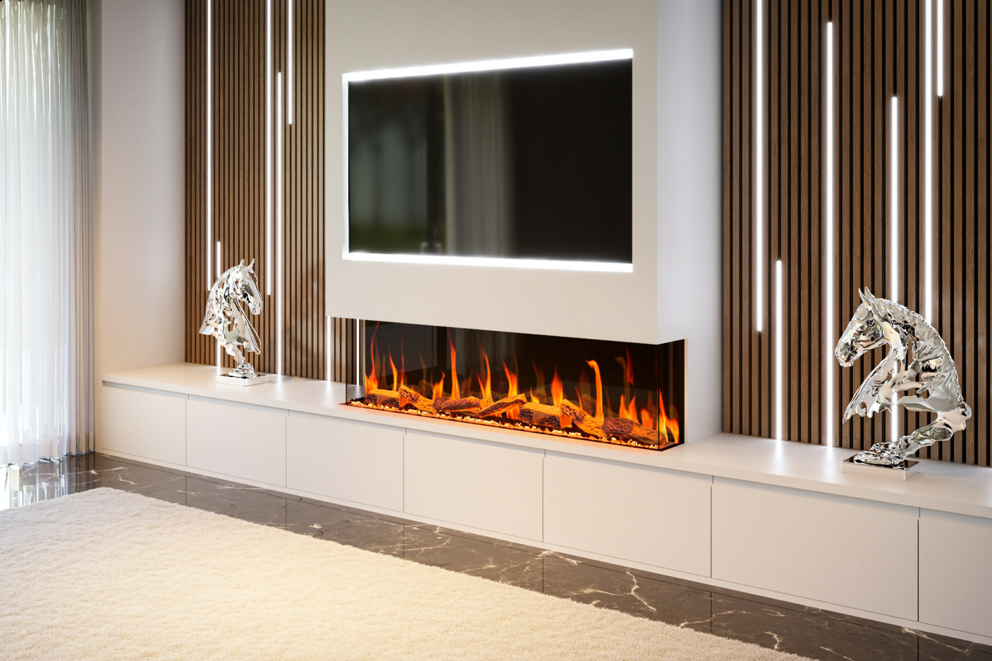 Evervue 60-Inch LCD Real Flame Media Wall Electric Fireplace (APP Control)