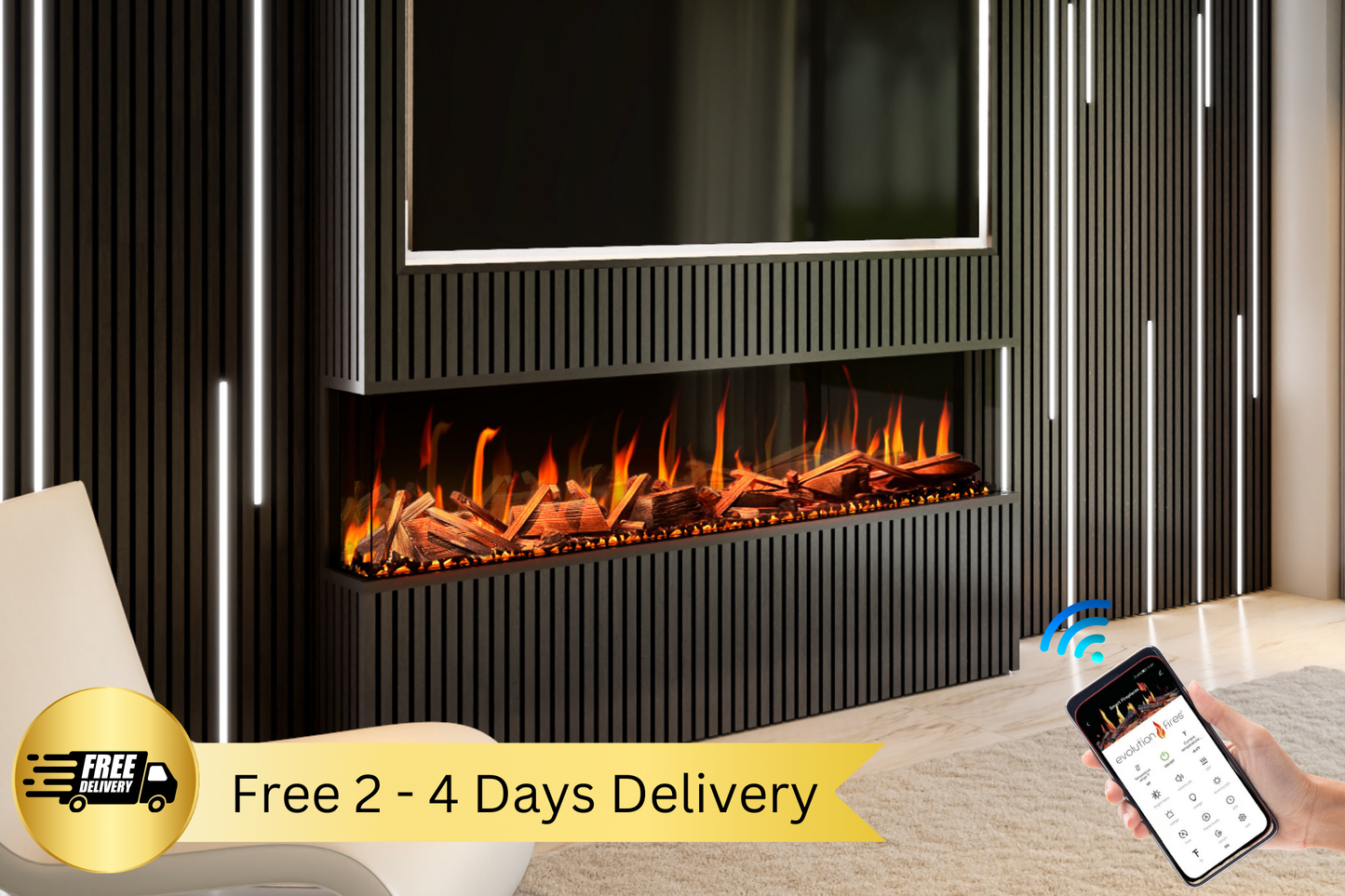 Evervue 72-inch LCD real flame media wall electric fireplace with app control
