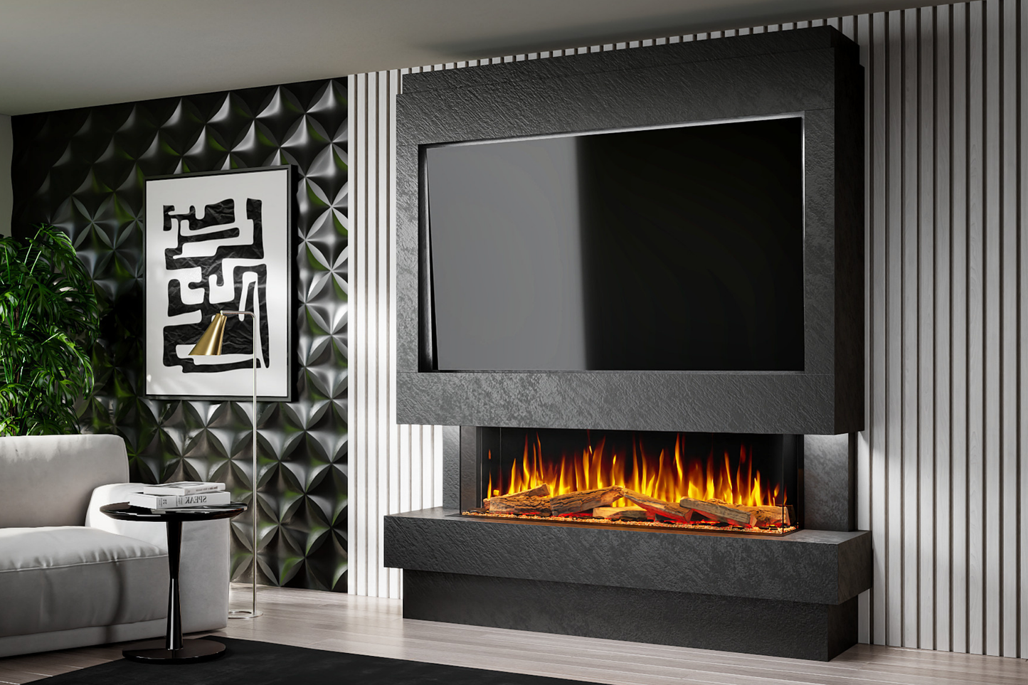 Pre-Built Media Wall Package J – Advance 1300mm Electric Fireplace (UK Delivery)
