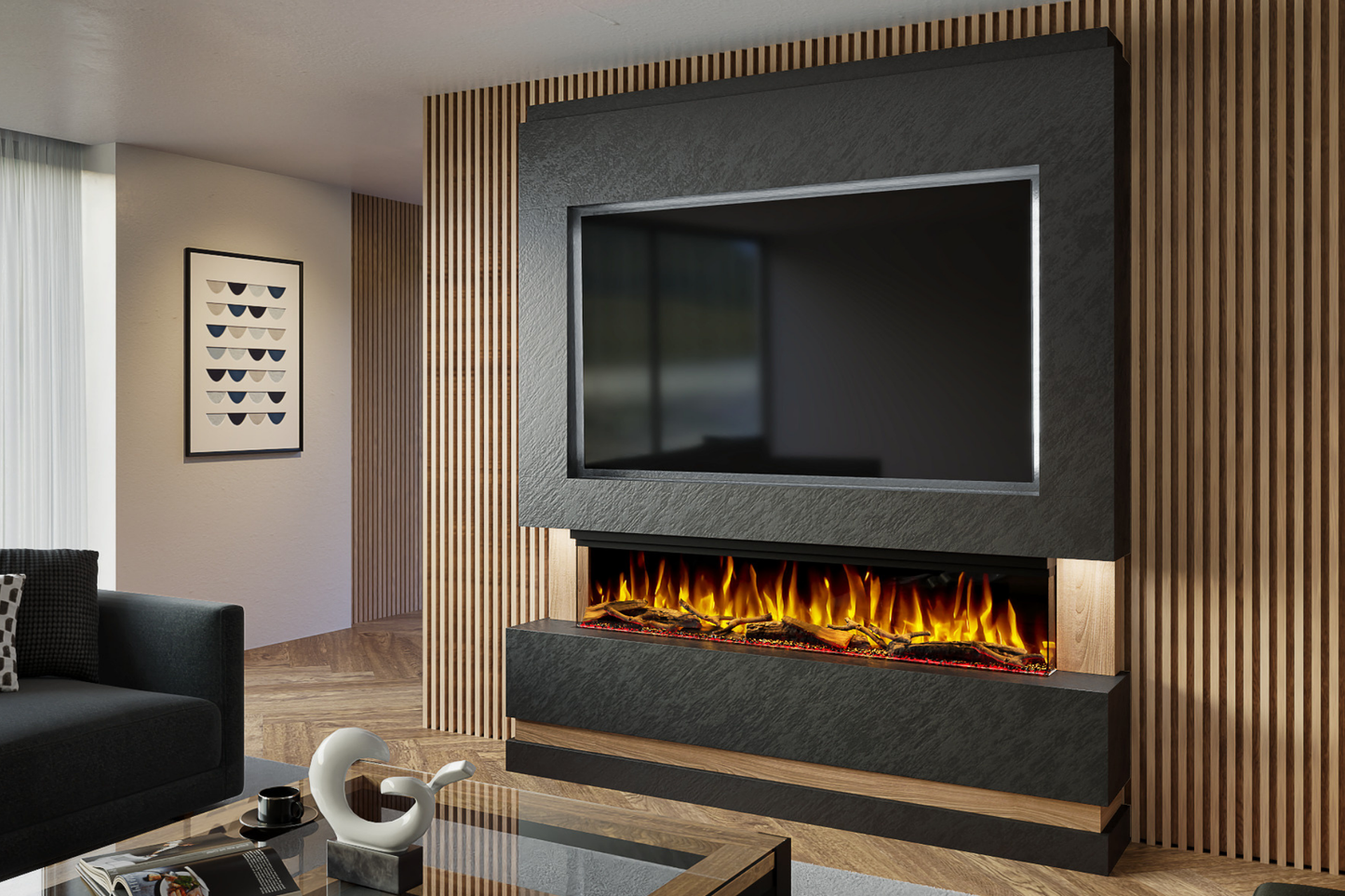 Pre-Built Media Wall Package N : Featuring the Spectrum Series 60-Inch Electric Fireplace