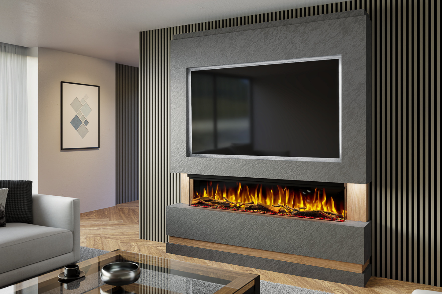Pre-Built Media Wall Package N : Featuring the Spectrum Series 60-Inch Electric Fireplace