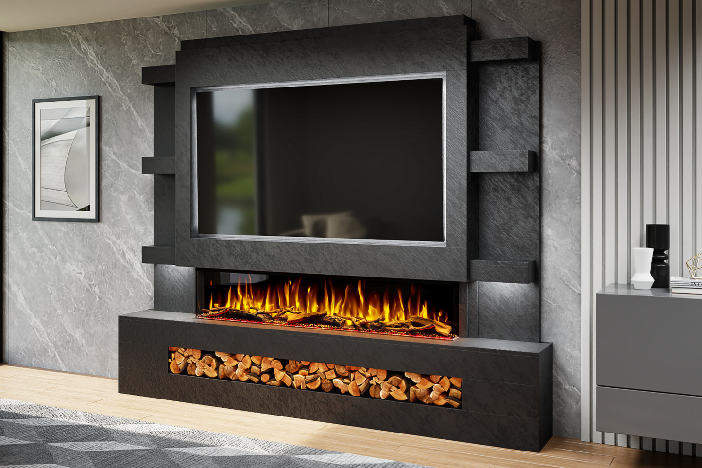 Pre-Built Media Wall Package O : Featuring the Spectrum Series 60-Inch Electric Fireplace