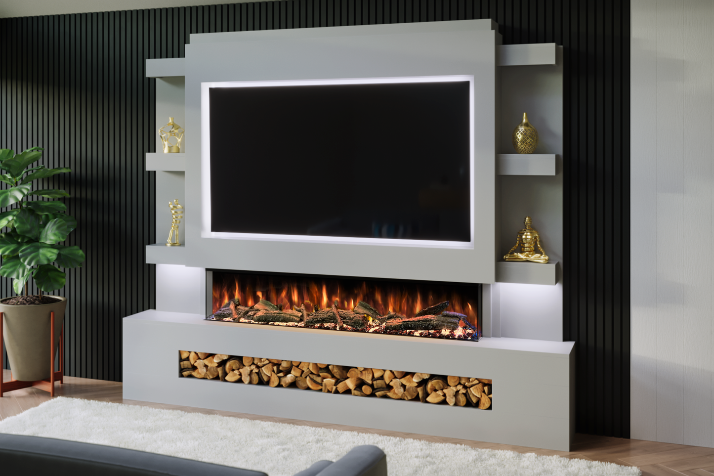 Pre-Built Media Wall Package O : Featuring the Spectrum Series 60-Inch Electric Fireplace