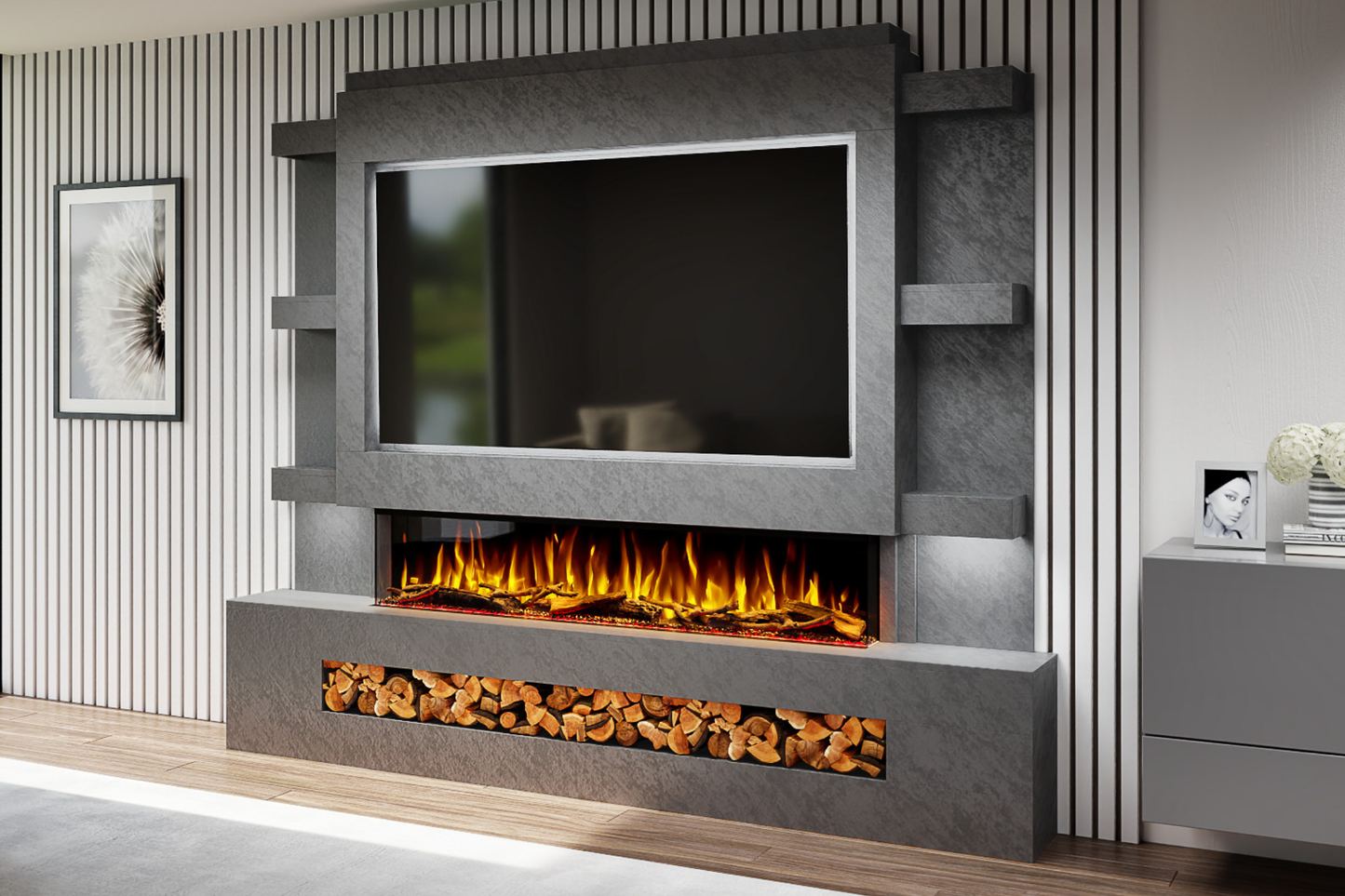 Pre-Built Media Wall Package O – 60-Inch Slimline Electric Fireplace | CAD Design Included