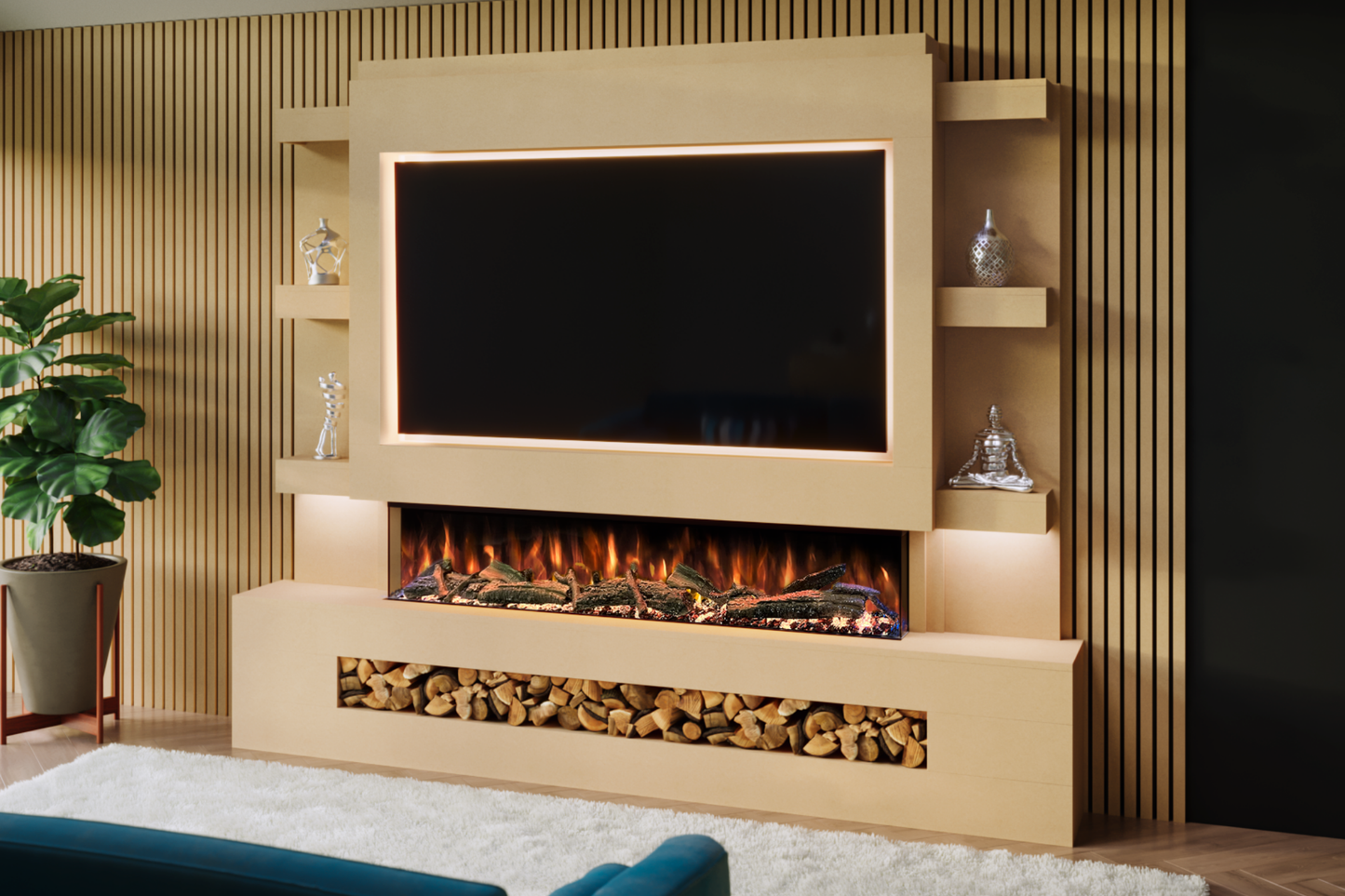Pre-Built Media Wall Package O : Featuring the Spectrum Series 60-Inch Electric Fireplace