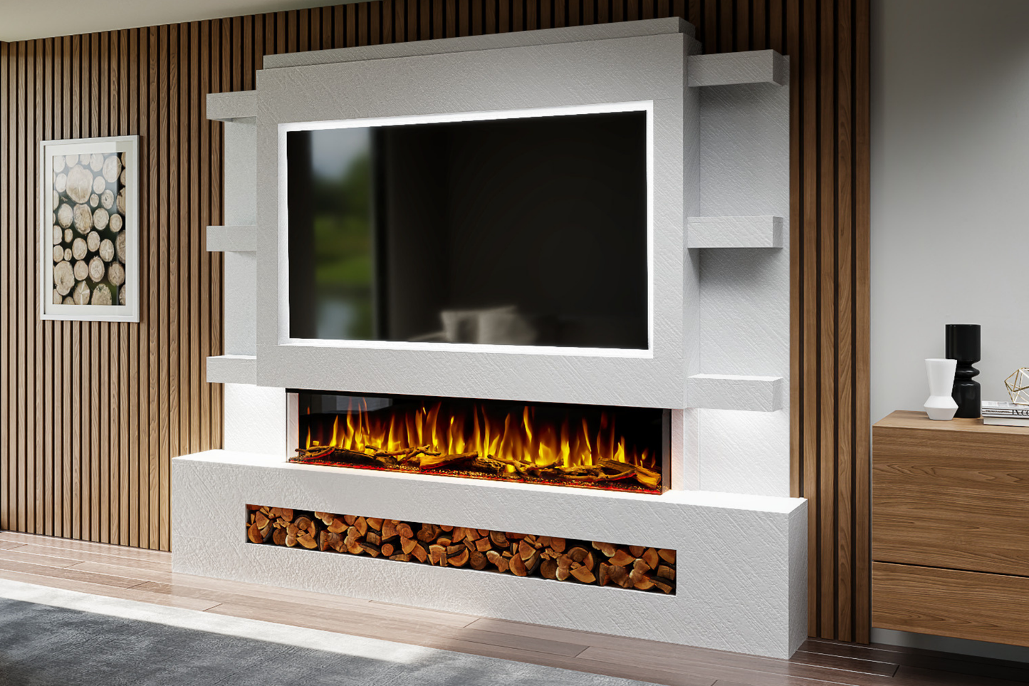 Pre-Built Media Wall Package O : Featuring the Spectrum Series 60-Inch Electric Fireplace