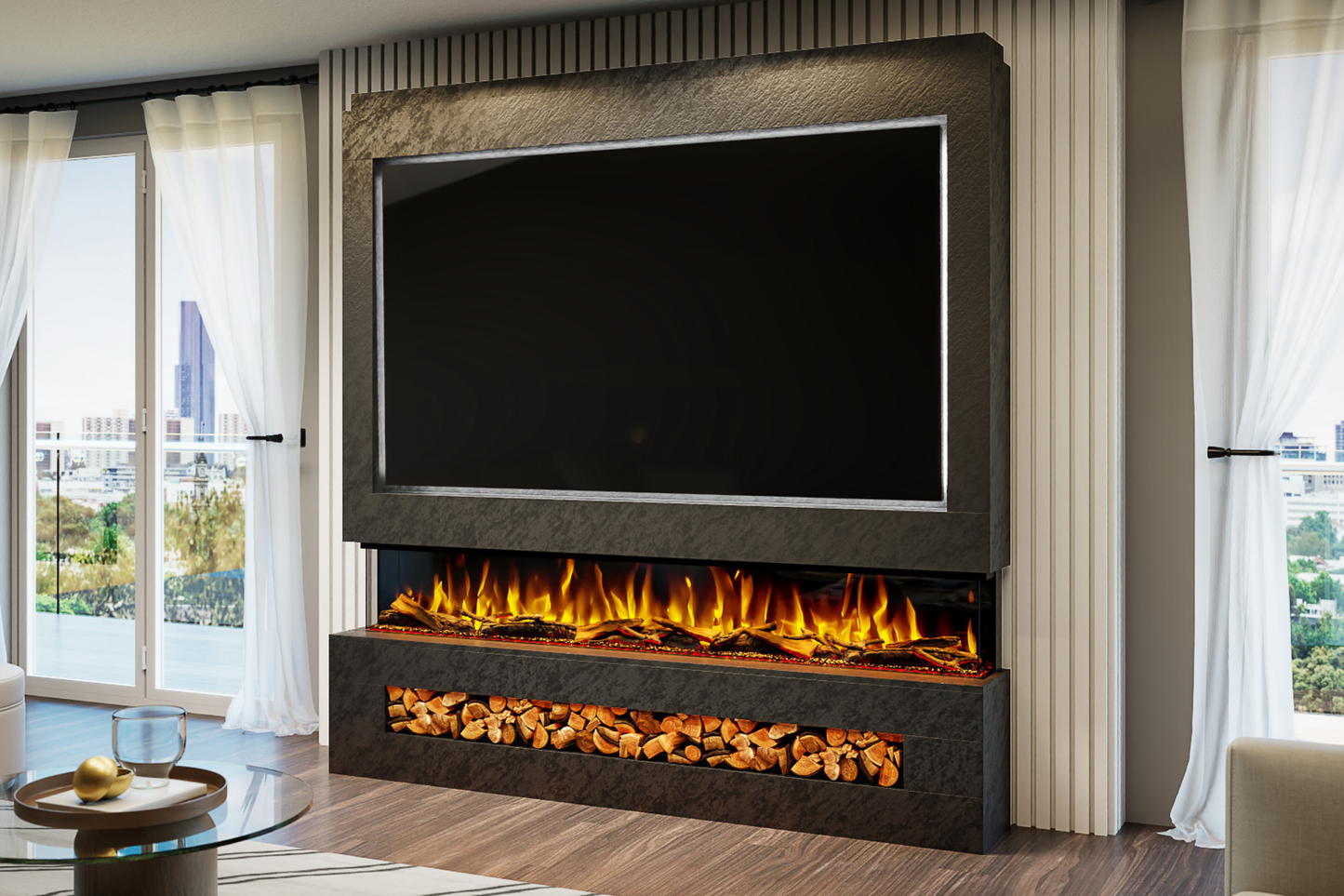 Pre-Built Media Wall Package P : Featuring the Spectrum Series 82-Inch Electric Fireplace