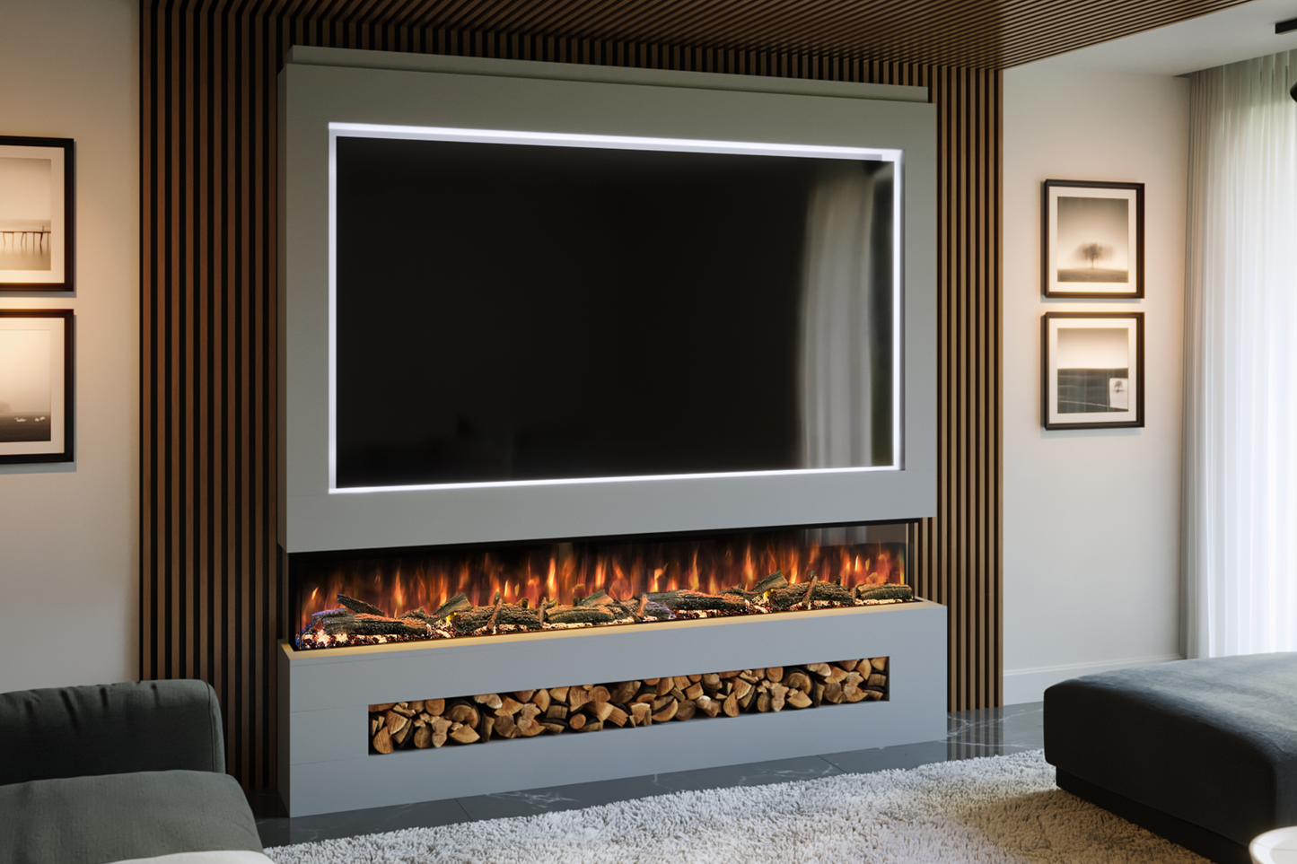Pre-Built Media Wall Package P : Featuring the Spectrum Series 82-Inch Electric Fireplace