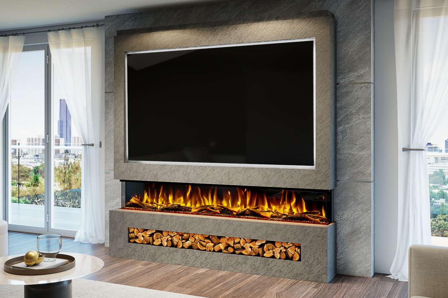 Pre-Built Media Wall Package P : Featuring the Spectrum Series 82-Inch Electric Fireplace