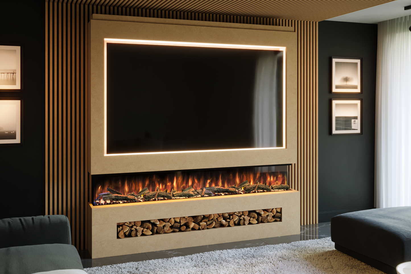 Pre-Built Media Wall Package P : Featuring the Spectrum Series 82-Inch Electric Fireplace