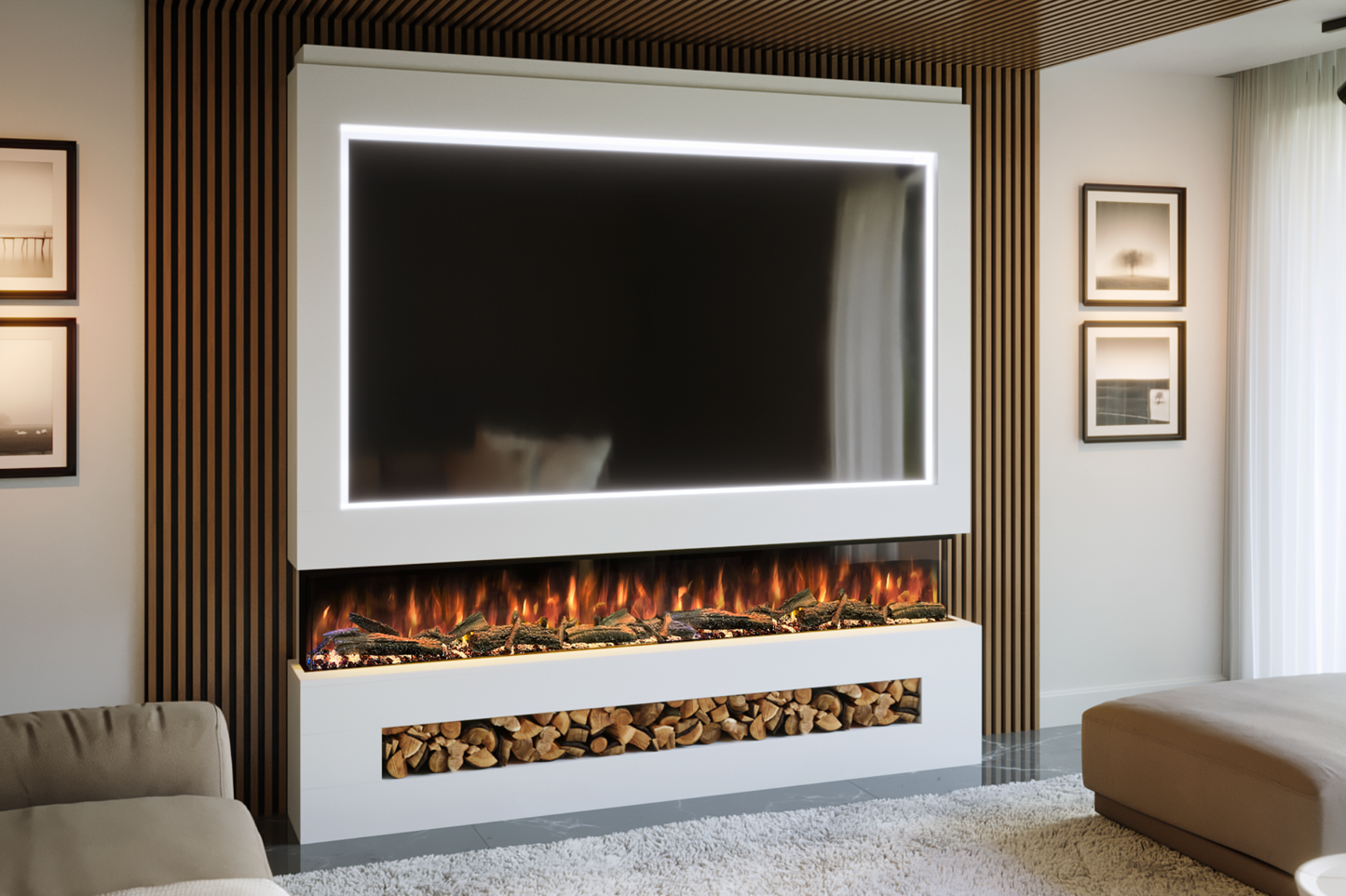 Pre-Built Media Wall Package P : Featuring the Spectrum Series 82-Inch Electric Fireplace