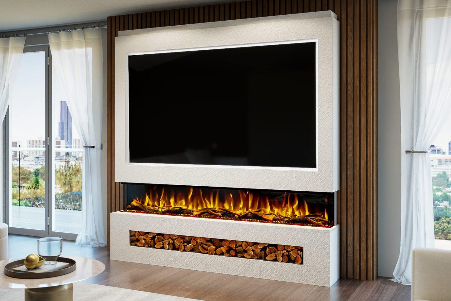 Pre-Built Media Wall Package P : Featuring the Spectrum Series 82-Inch Electric Fireplace
