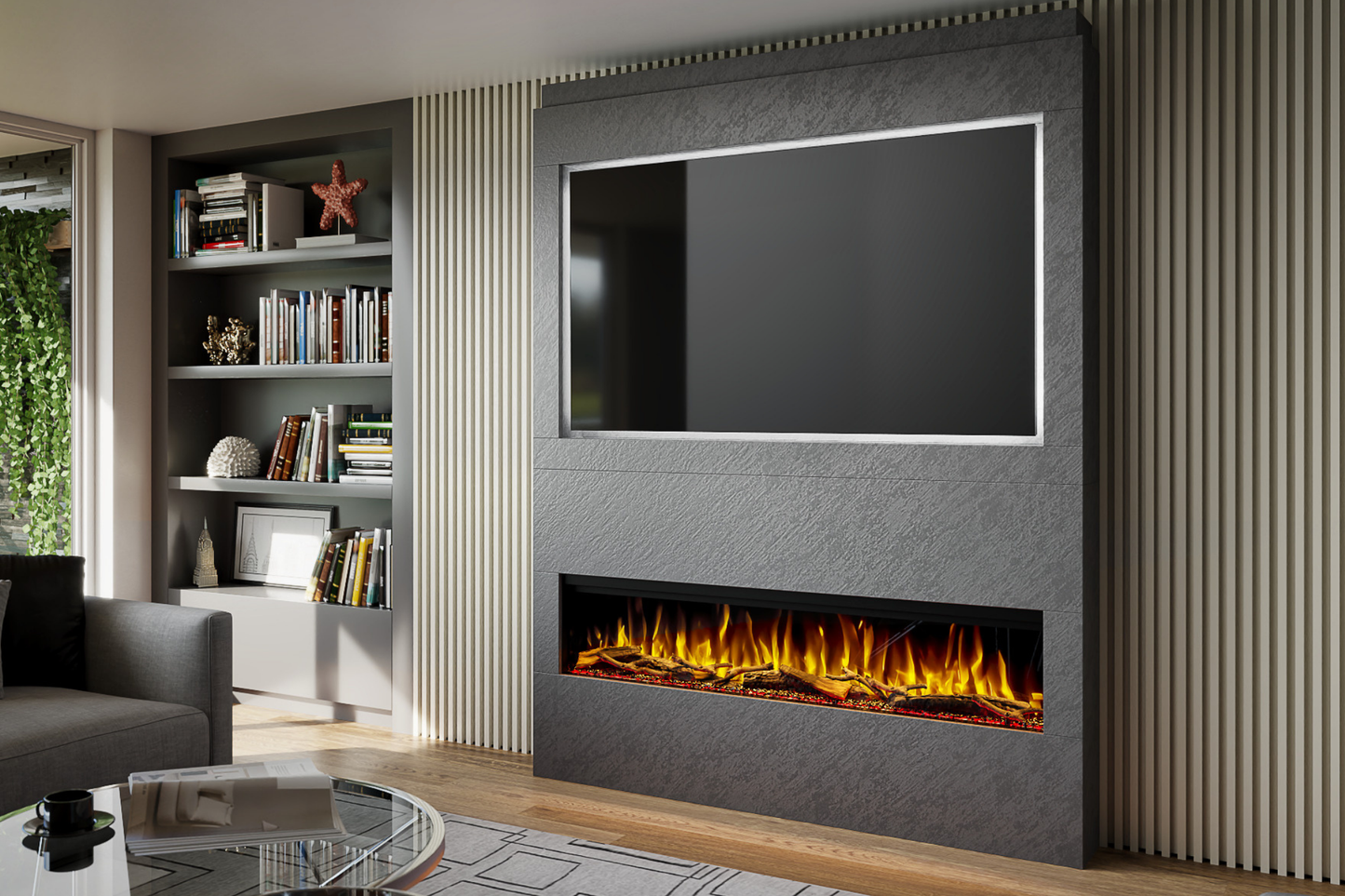 Pre-Built Media Wall Package Q : Featuring the Spectrum Series 60-Inch Electric Fireplace