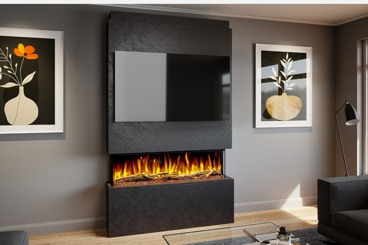 Pre-Built Media Wall Package T : Featuring the Spectrum Series 44-Inch Electric Fireplace