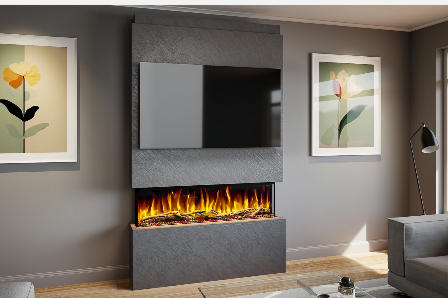 Pre-Built Media Wall Package T : Featuring the Spectrum Series 44-Inch Electric Fireplace