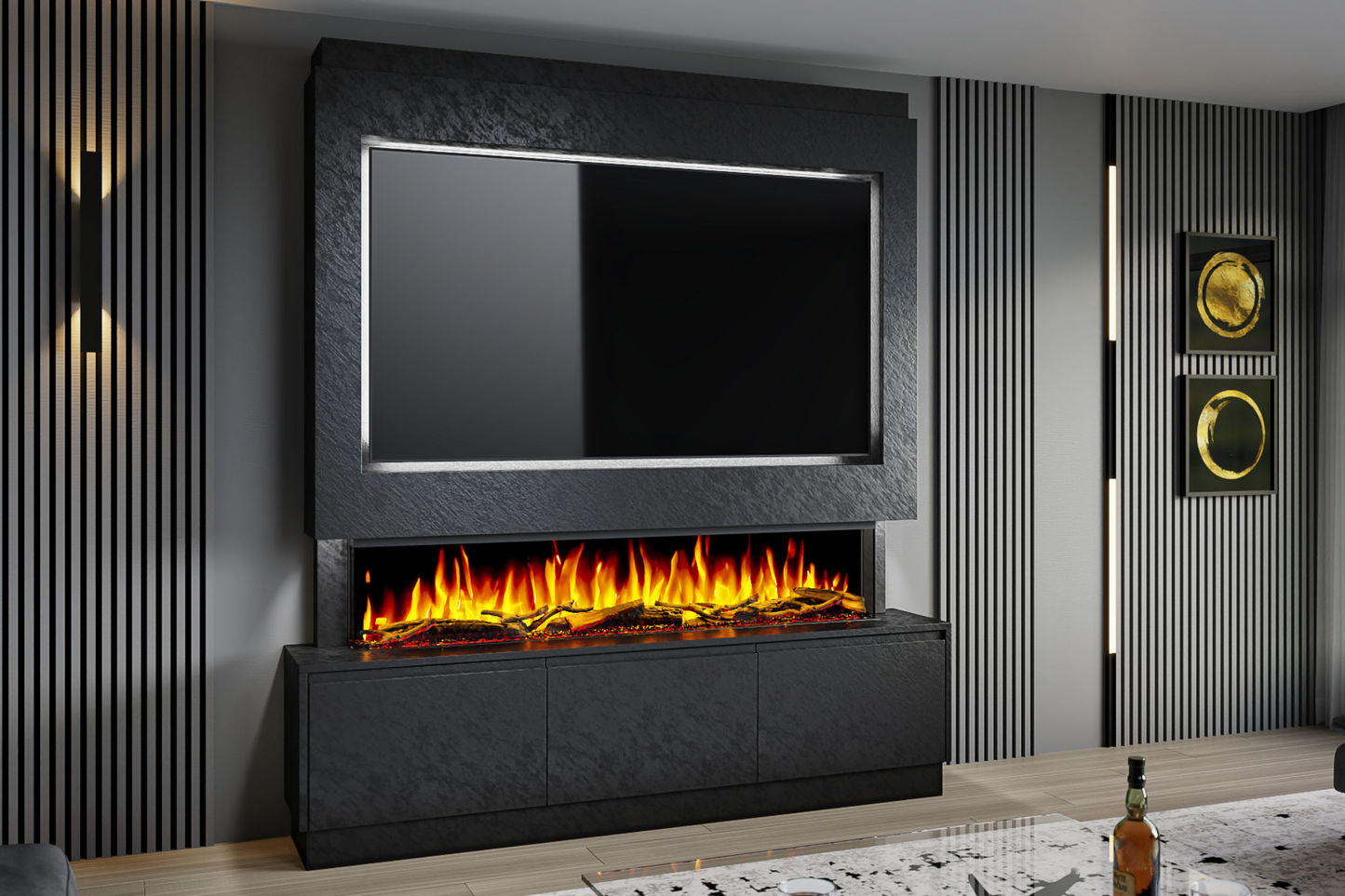 Pre-Built Media Wall Package R : Featuring the Spectrum Series 60-Inch Electric Fireplace