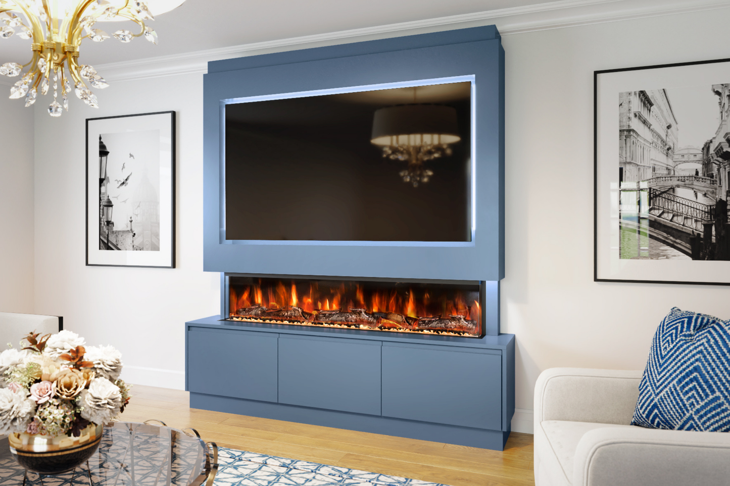 Pre-Built Media Wall Package R : Featuring the Spectrum Series 60-Inch Electric Fireplace