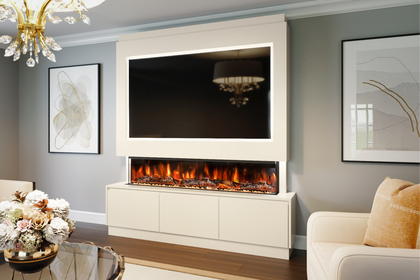 Pre-Built Media Wall Package R : Featuring the Spectrum Series 60-Inch Electric Fireplace