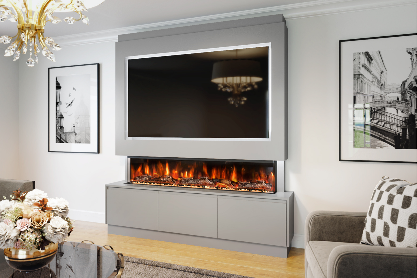 Pre-Built Media Wall Package R : Featuring the Spectrum Series 60-Inch Electric Fireplace