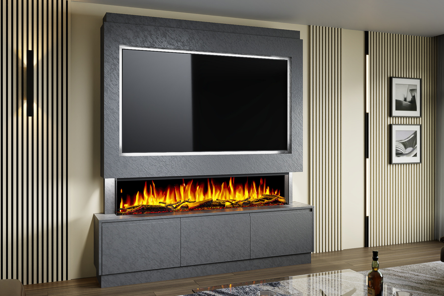 Pre-Built Media Wall Package R : Featuring the Spectrum Series 60-Inch Electric Fireplace