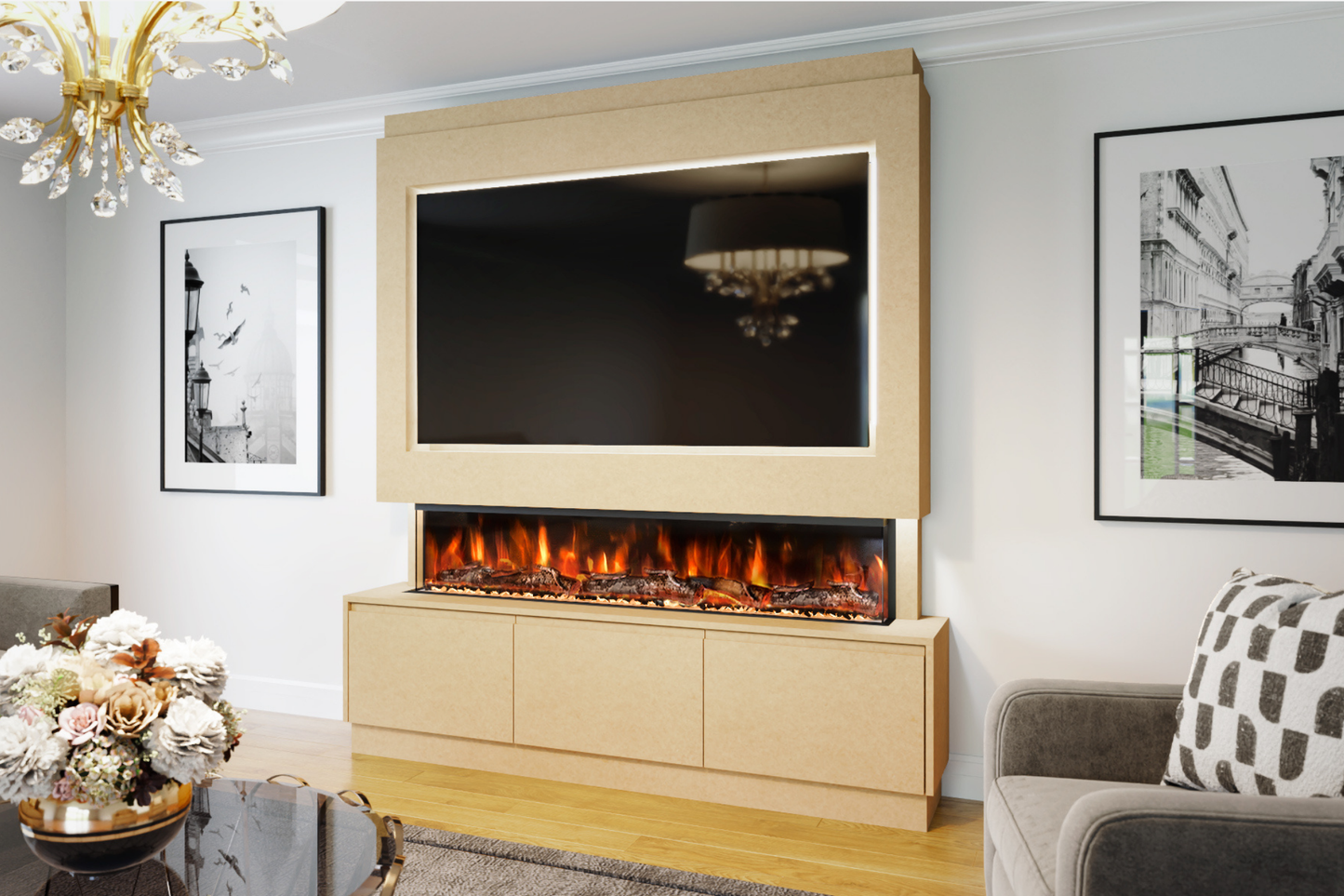 Pre-Built Media Wall Package R : Featuring the Spectrum Series 60-Inch Electric Fireplace