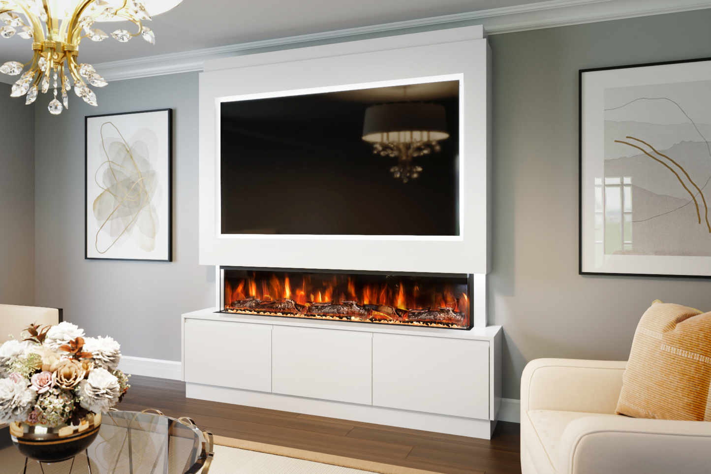 Pre-Built Media Wall Package R : Featuring the Spectrum Series 60-Inch Electric Fireplace
