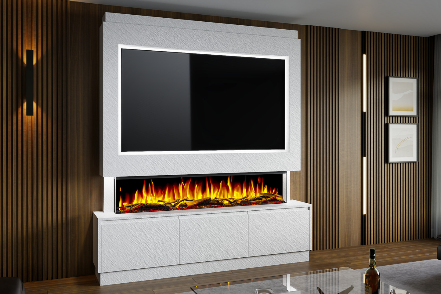Pre-Built Media Wall Package R : Featuring the Spectrum Series 60-Inch Electric Fireplace