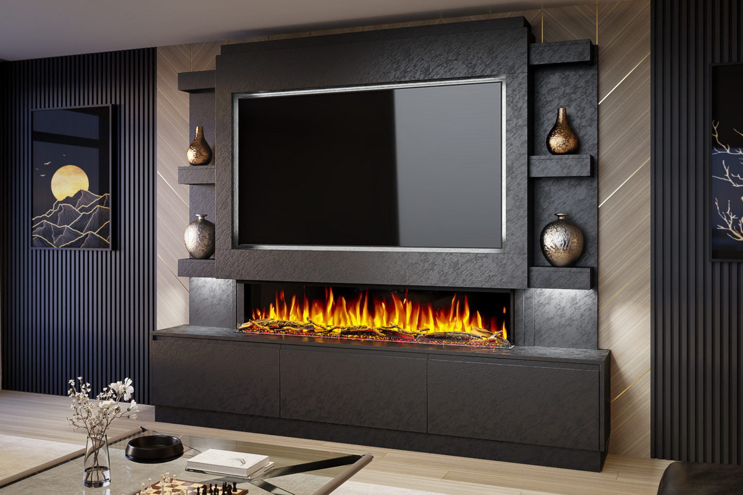 Pre-Built Media Wall Package S : Featuring the Spectrum Series 60-Inch Electric Fireplace