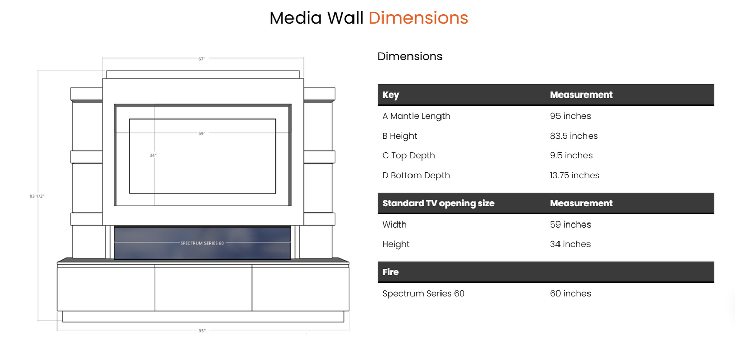 Pre-Built Media Wall Package S : Featuring the Spectrum Series 60-Inch Electric Fireplace