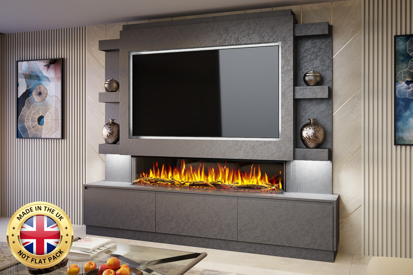 Pre-Built Media Wall Package S : Featuring the Spectrum Series 60-Inch Electric Fireplace