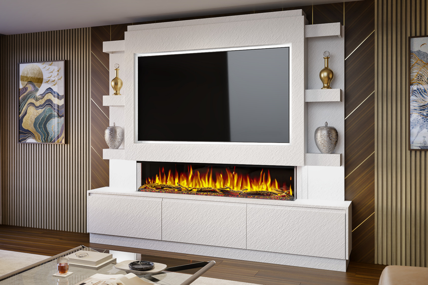 Pre-Built Media Wall Package S : Featuring the Spectrum Series 60-Inch Electric Fireplace