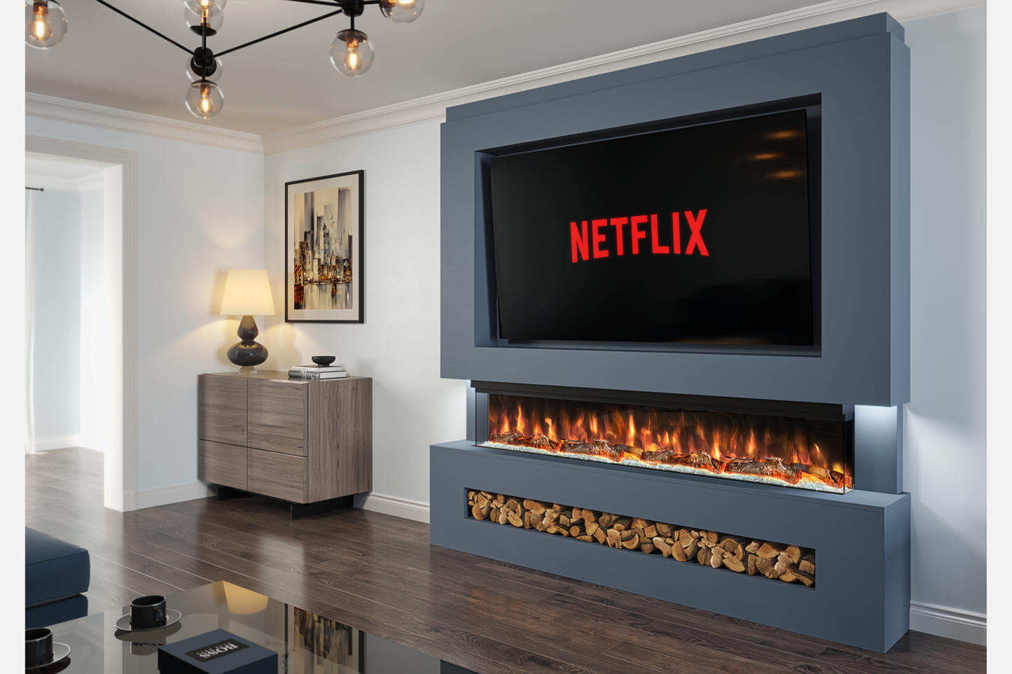 Pre-Built Media Wall Package G – 72-Inch Slimline Electric Fireplace | CAD Design Included