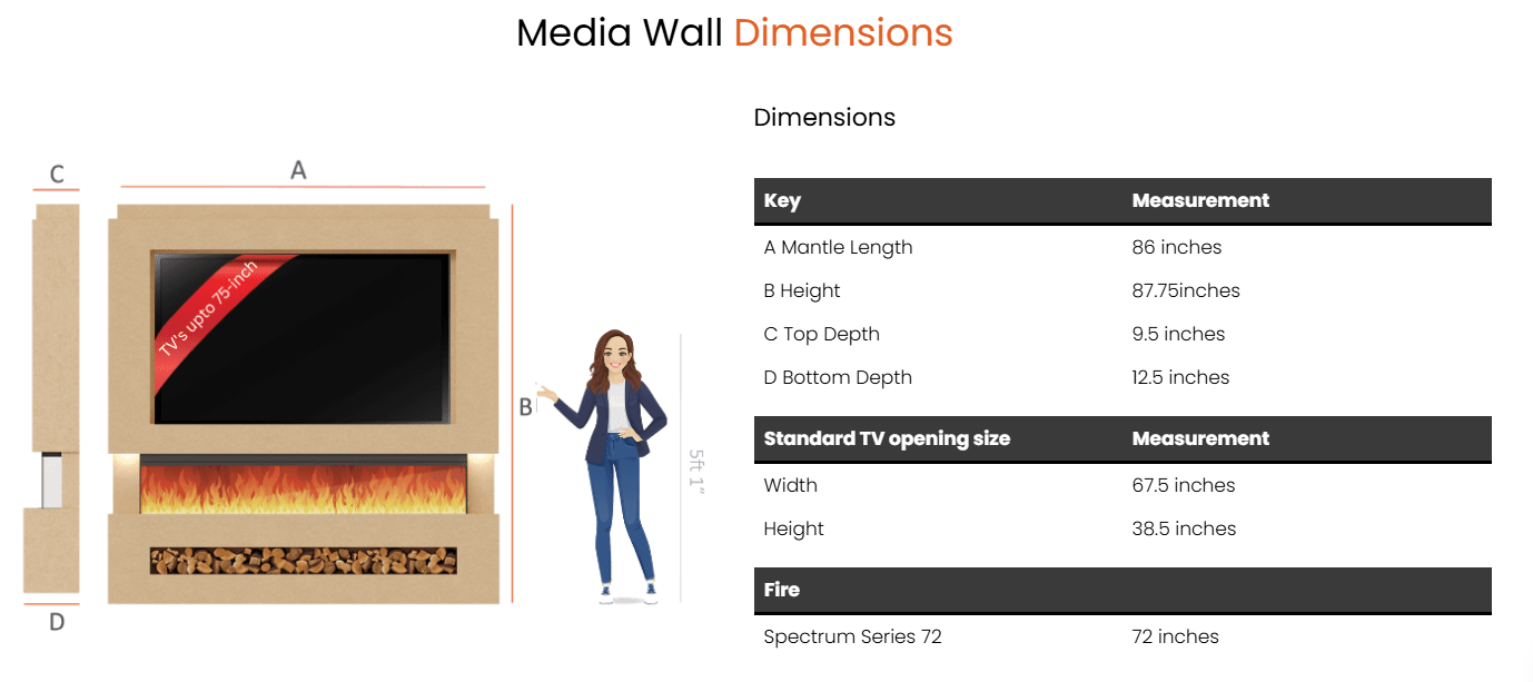 Pre-Built Media Wall Package G – 72-Inch Slimline Electric Fireplace | CAD Design Included