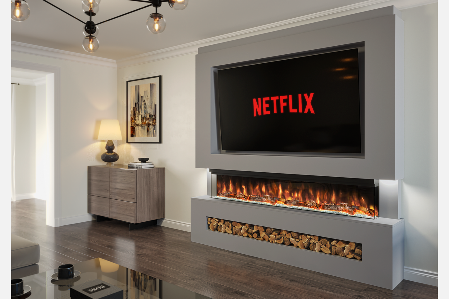 Pre-Built Media Wall Package G – 72-Inch Slimline Electric Fireplace | CAD Design Included