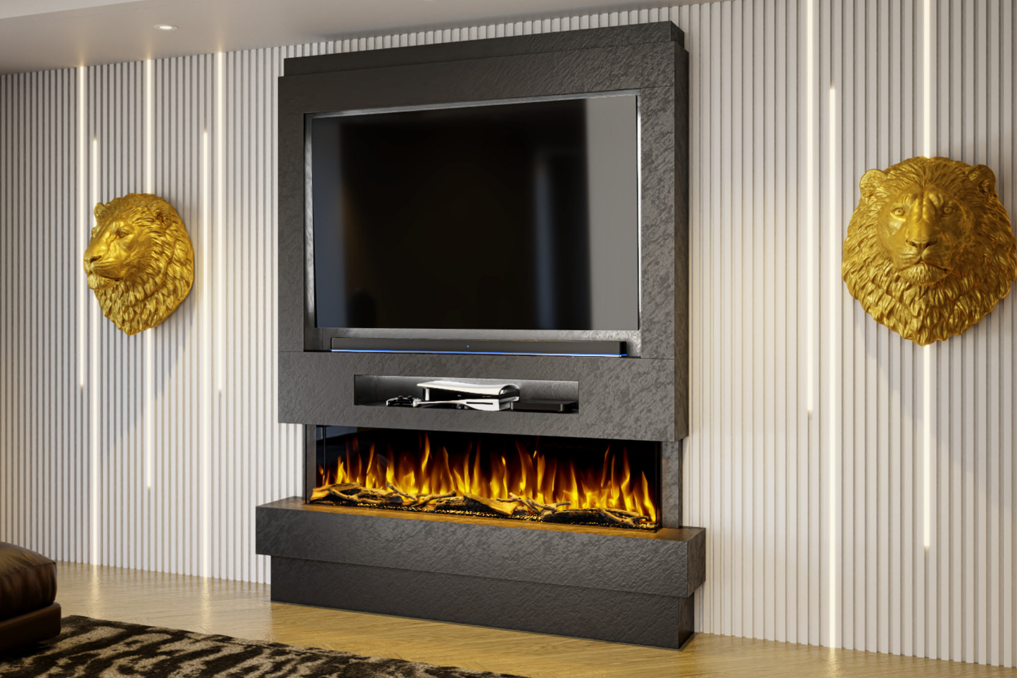 Pre-Built Media Wall Package H : Featuring the Spectrum Series 60-Inch Electric Fireplace
