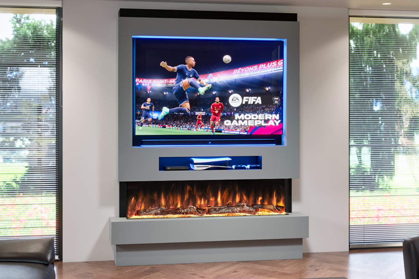 Pre-Built Media Wall H with 60 Inch Electric Fireplace – Delivered Across Mainland UK