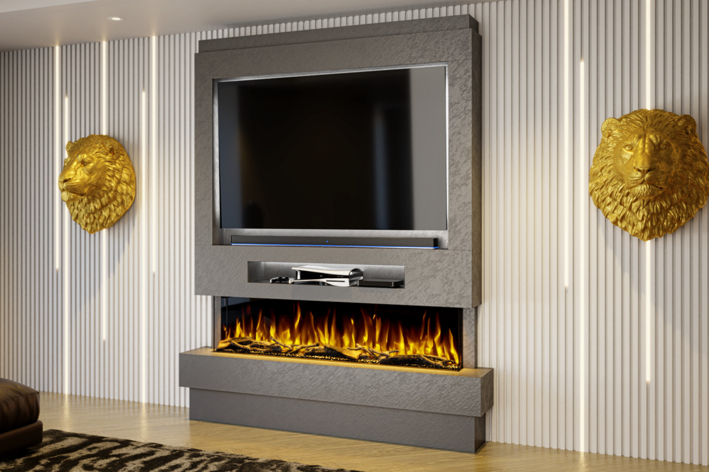Pre-Built Media Wall Package H : Featuring the Spectrum Series 60-Inch Electric Fireplace