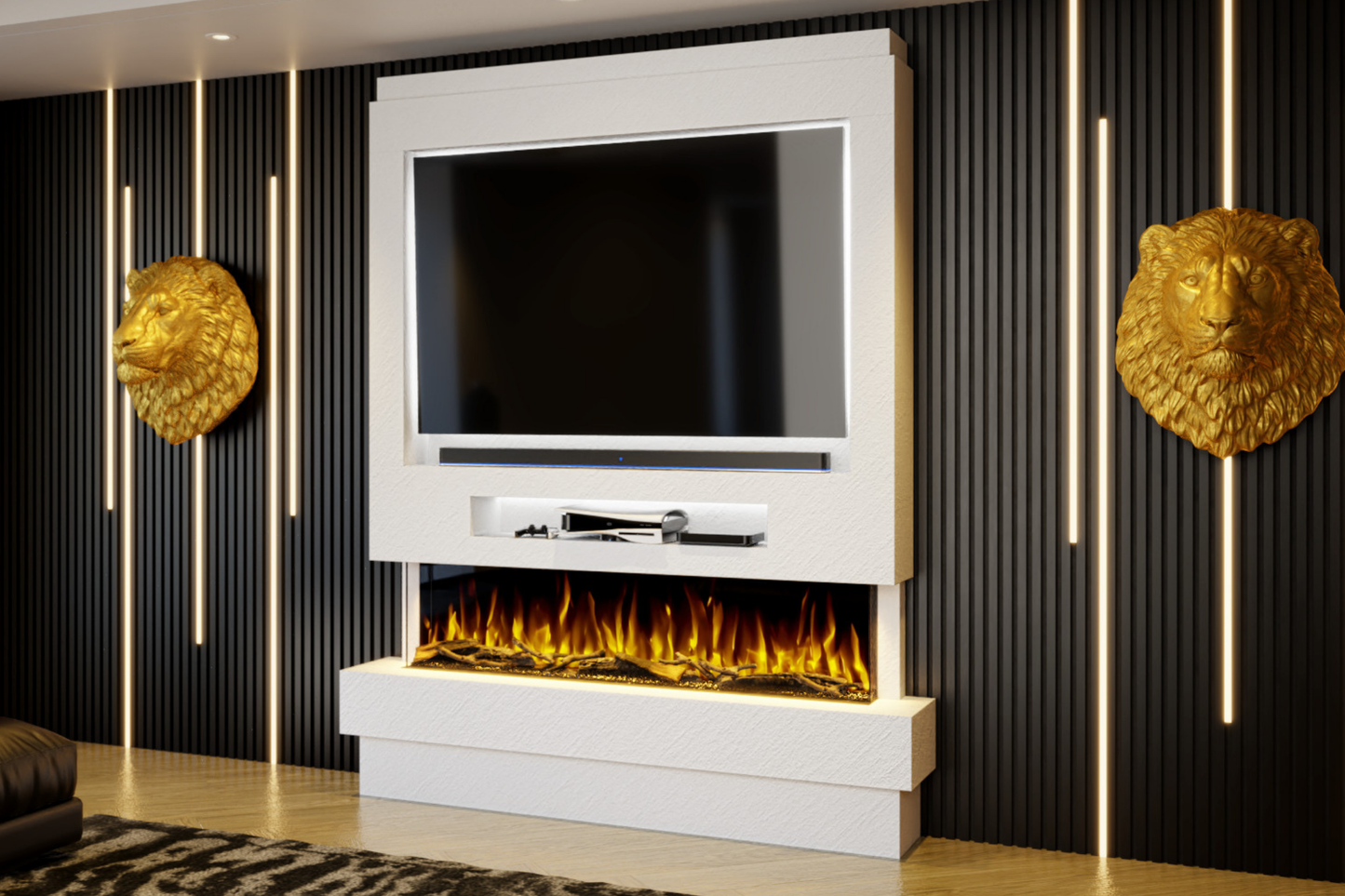 Pre-Built Media Wall Package H : Featuring the Spectrum Series 60-Inch Electric Fireplace
