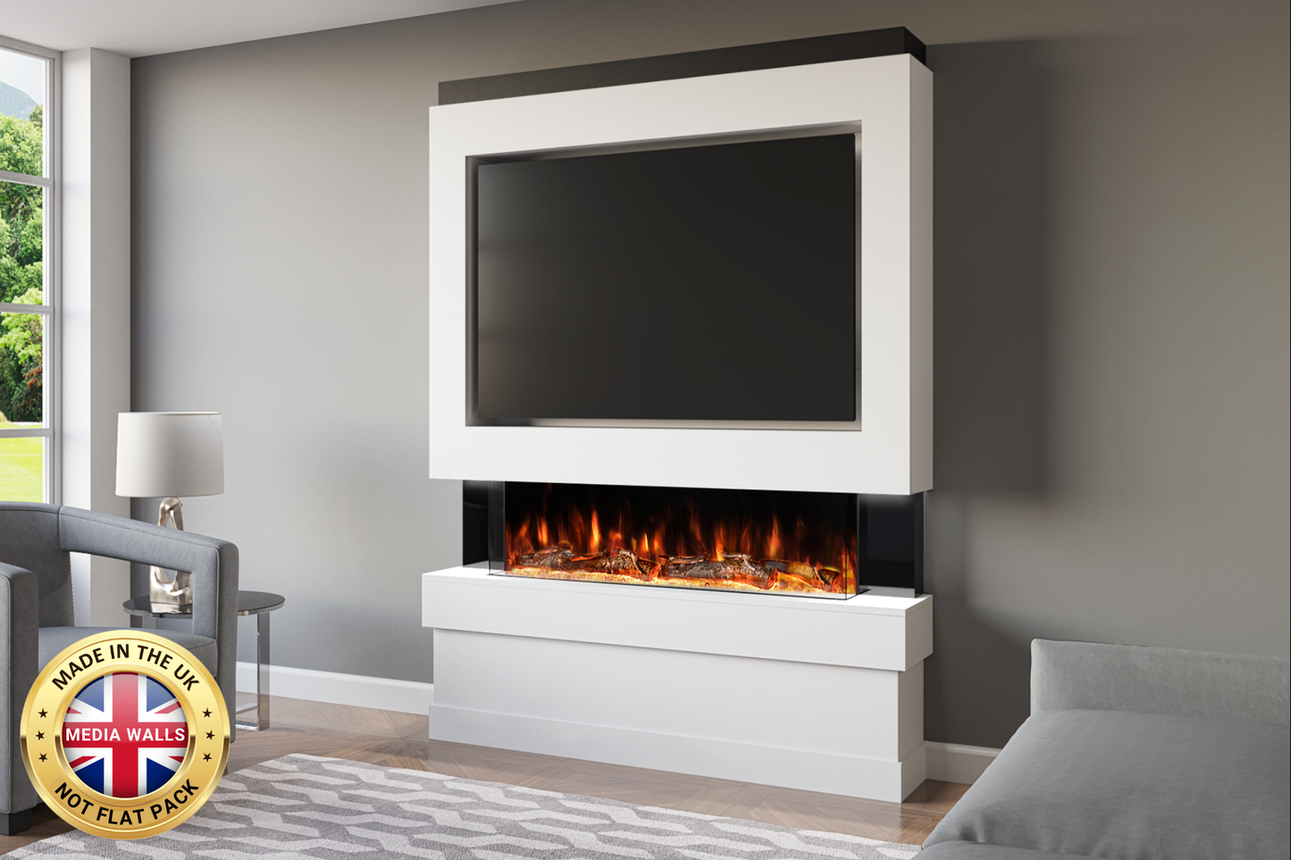 Pre-built media wall package E with 44-inch slimline electric fireplace and LED lighting