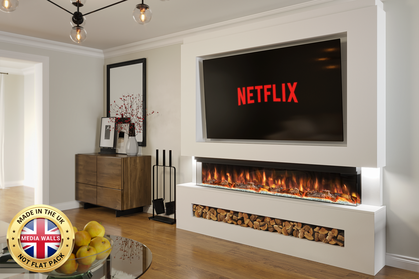 Pre-built media wall package G with 72-inch slimline electric fireplace and LED lighting