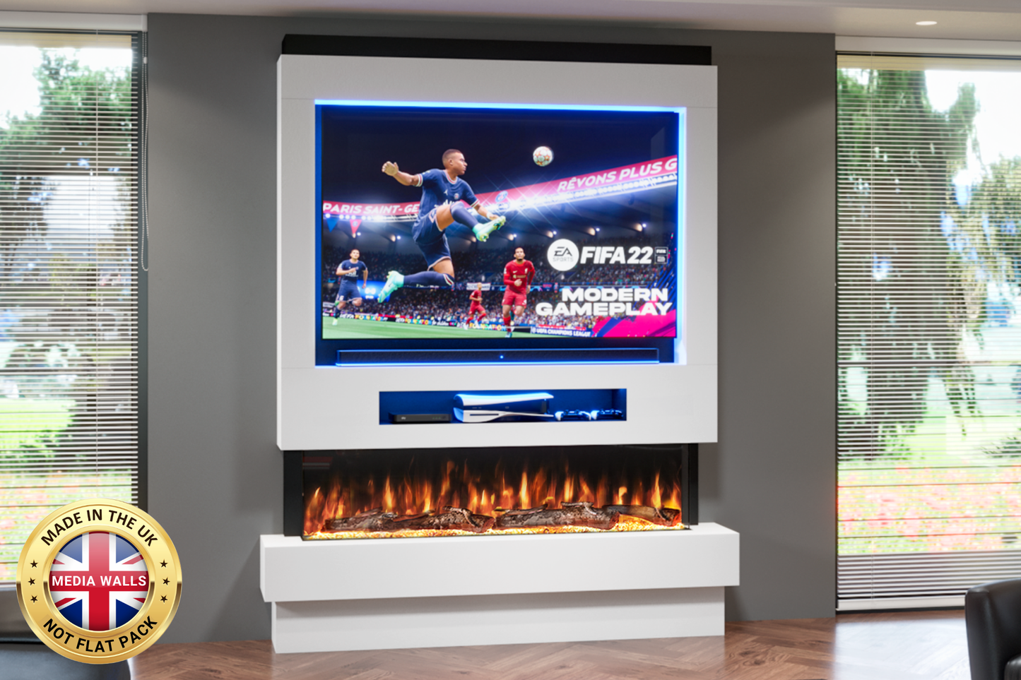 Pre-built media wall package H with 60-inch slimline electric fireplace and LED lights