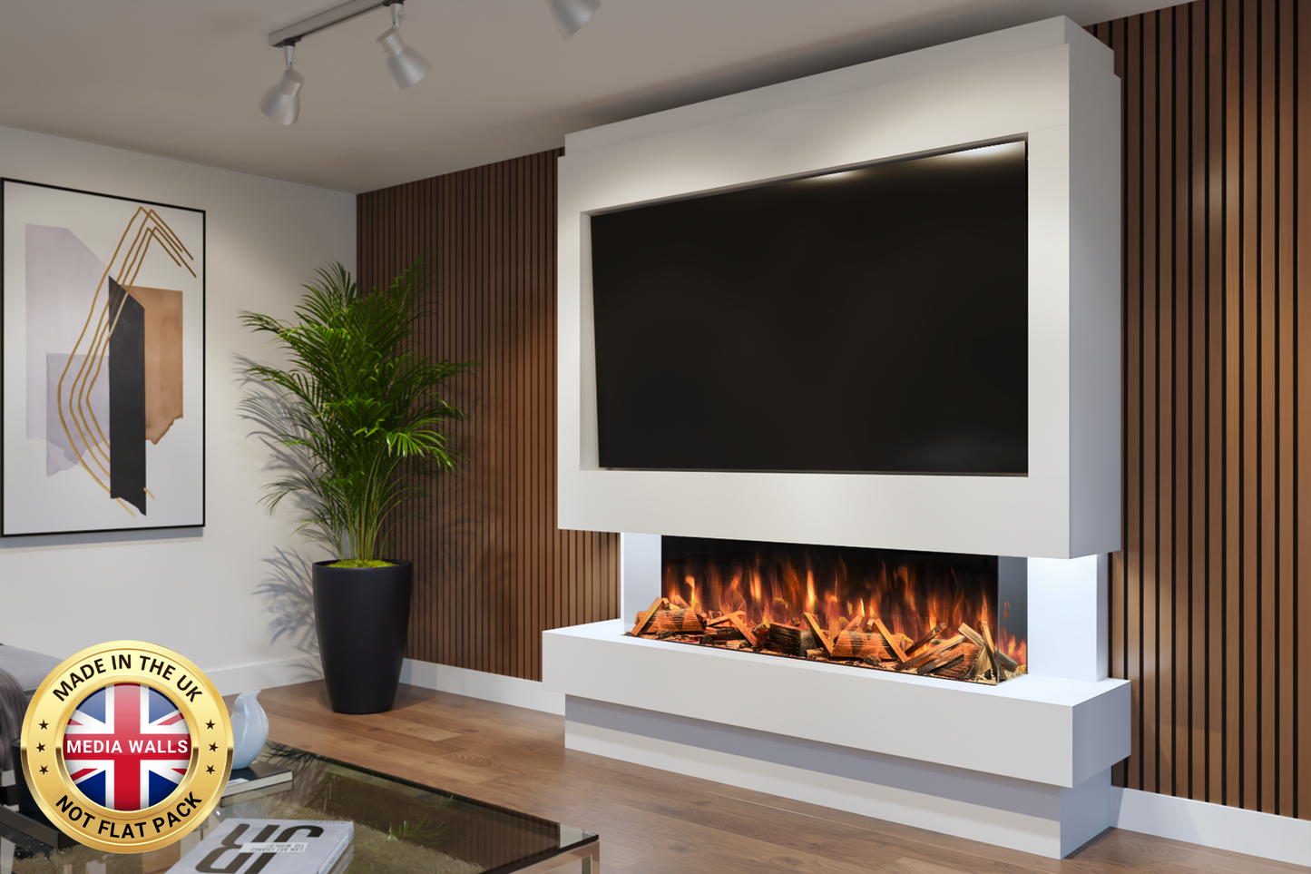 Pre-built media wall package J with Advance 1300mm media wall electric fireplace