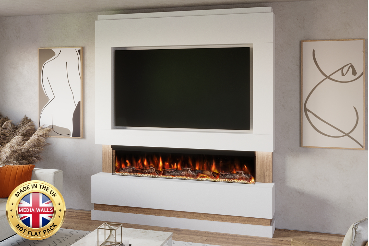 Pre-built media wall package N with 60-inch Spectrum slimline electric fireplace and LED lights