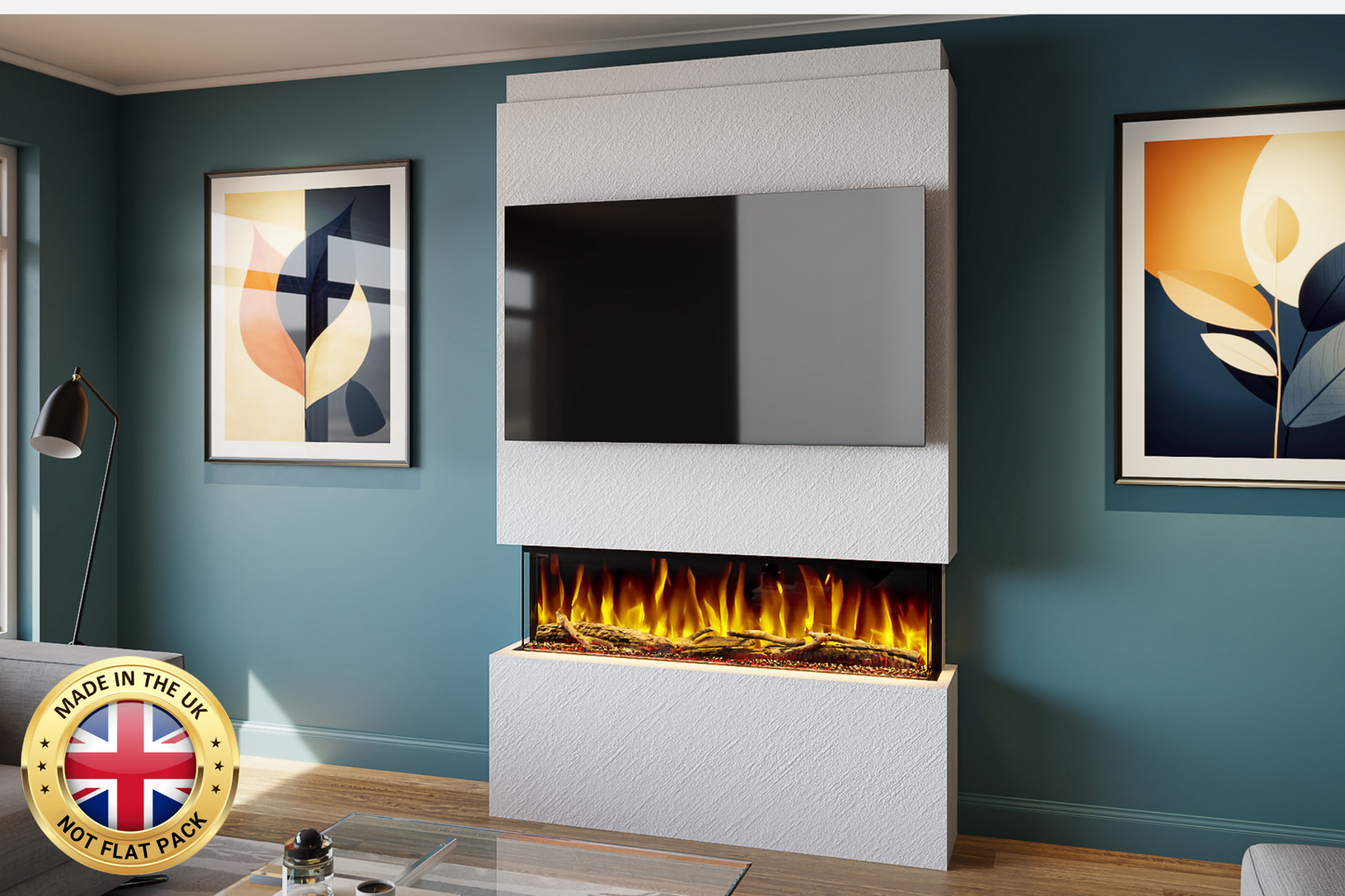 Pre-built media wall package T with 44-inch slimline electric fireplace and LED lighting