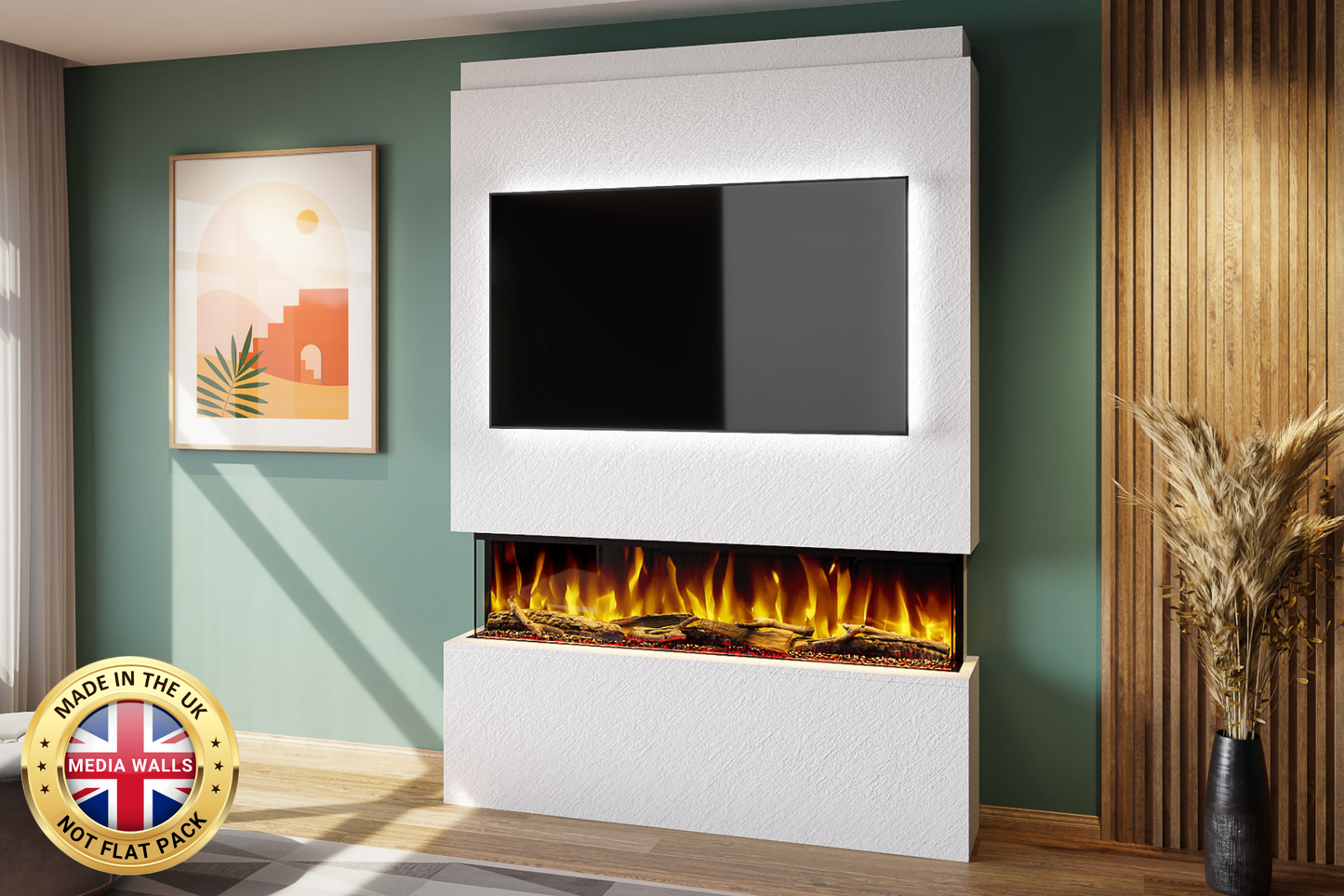Pre-built media wall package U with 50-inch slimline electric fireplace and LED lighting