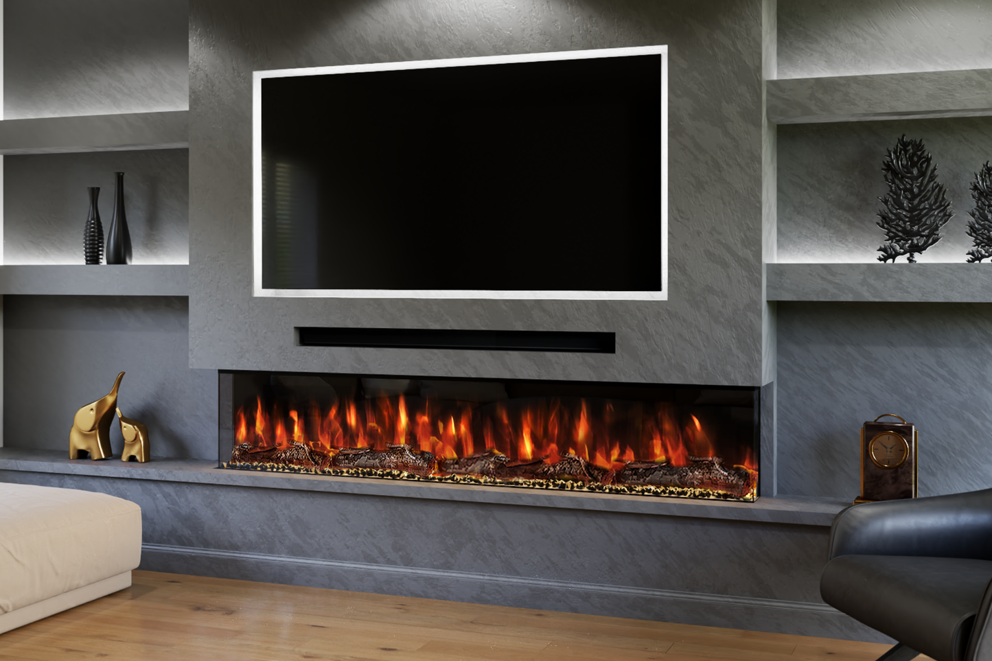 Spectrum Slimline 82” 3-Sided Electric Fireplace | Built-In Media Wall Fire | UK Delivery