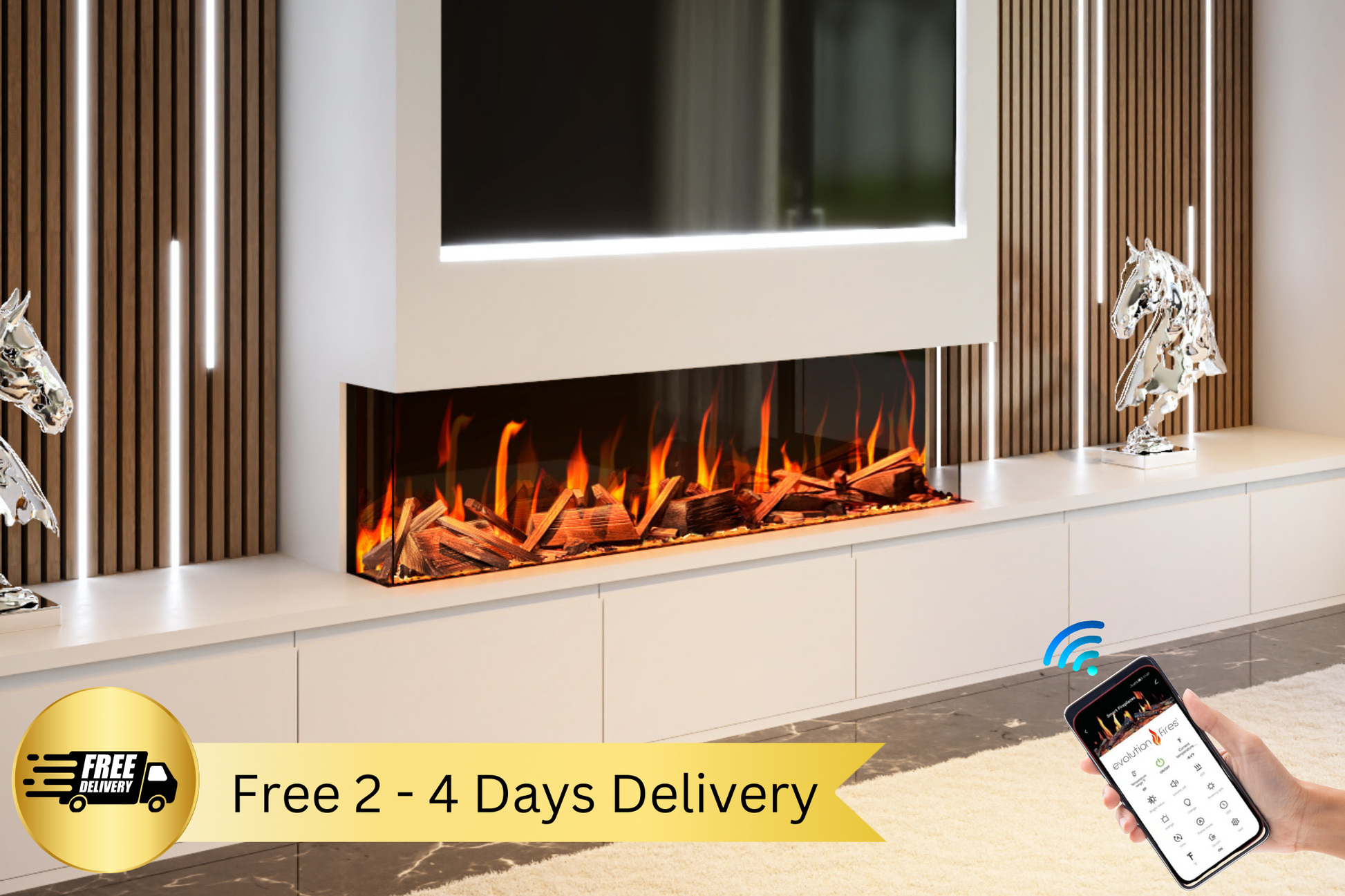 Evervue 60-inch LCD real flame media wall electric fireplace with app control
