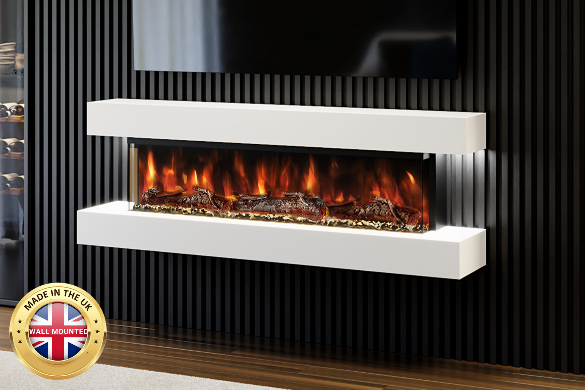Slim white wall-mounted electric fireplace with LED flame – Fireplaces Central