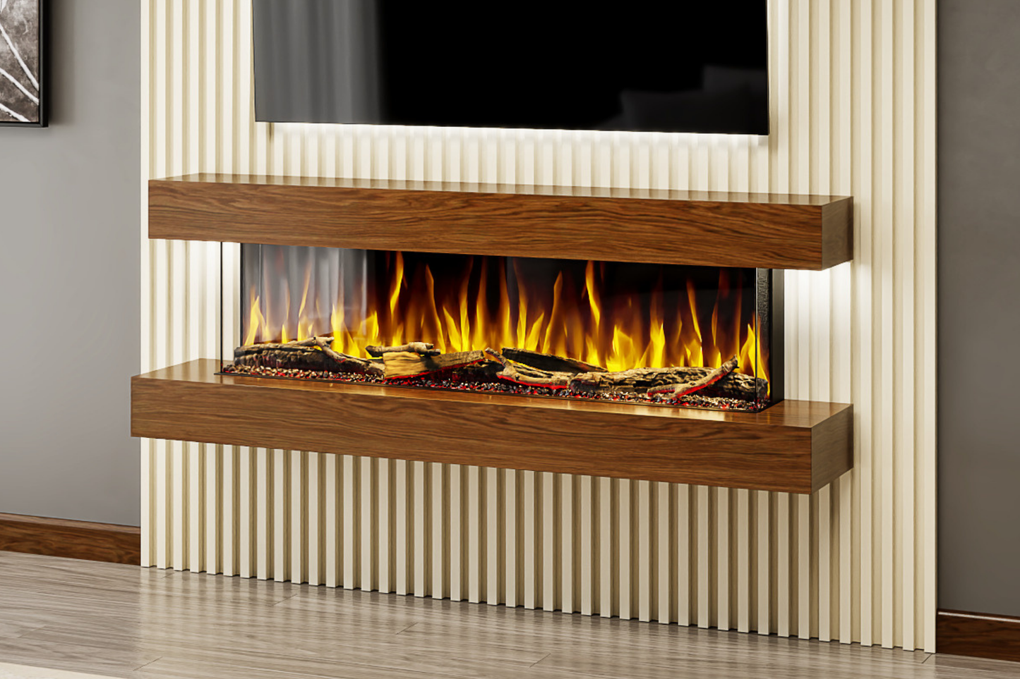 Slim walnut wall-mounted electric fireplace with LED flame – Fireplaces Central