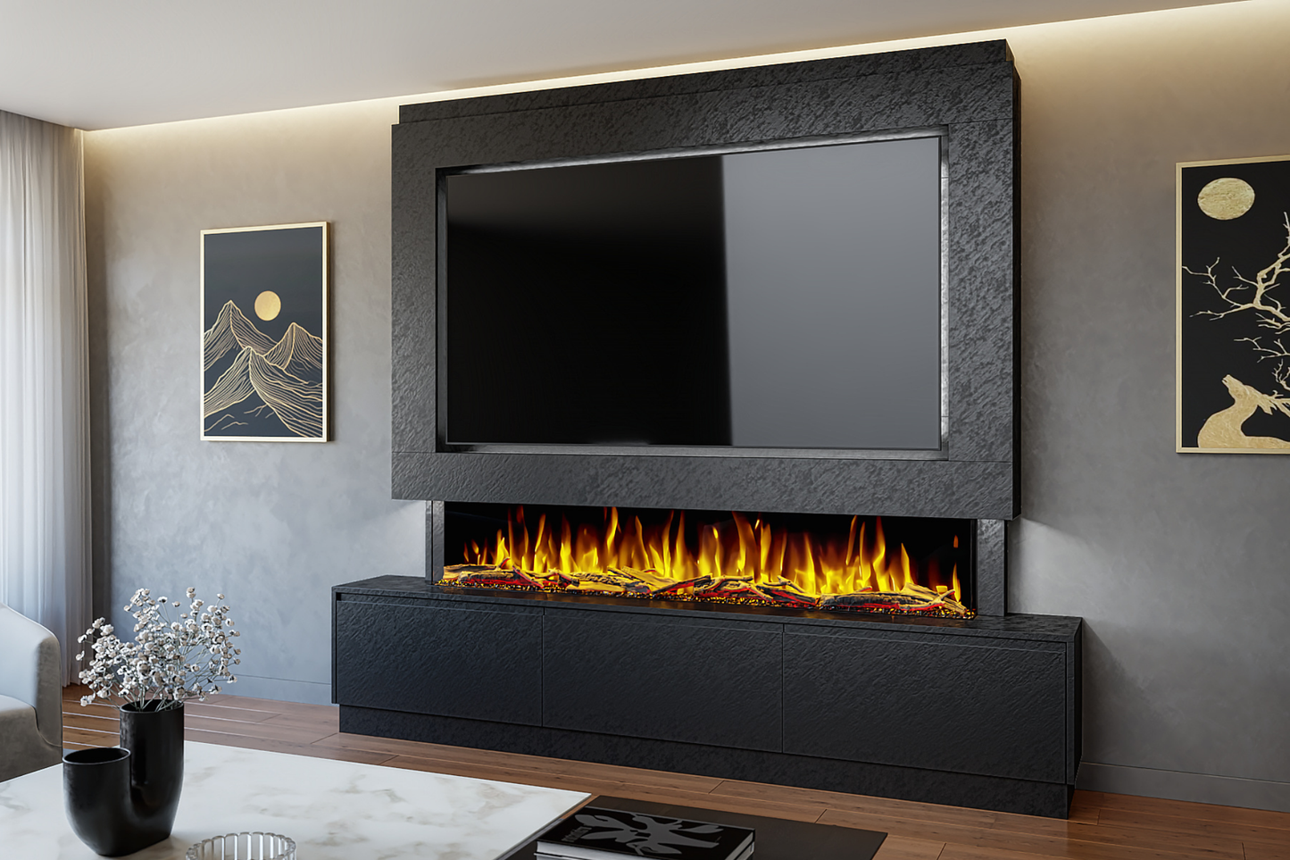 Pre-Built Media Wall T with 72 Inch Electric Fireplace – Delivered Across Mainland UK